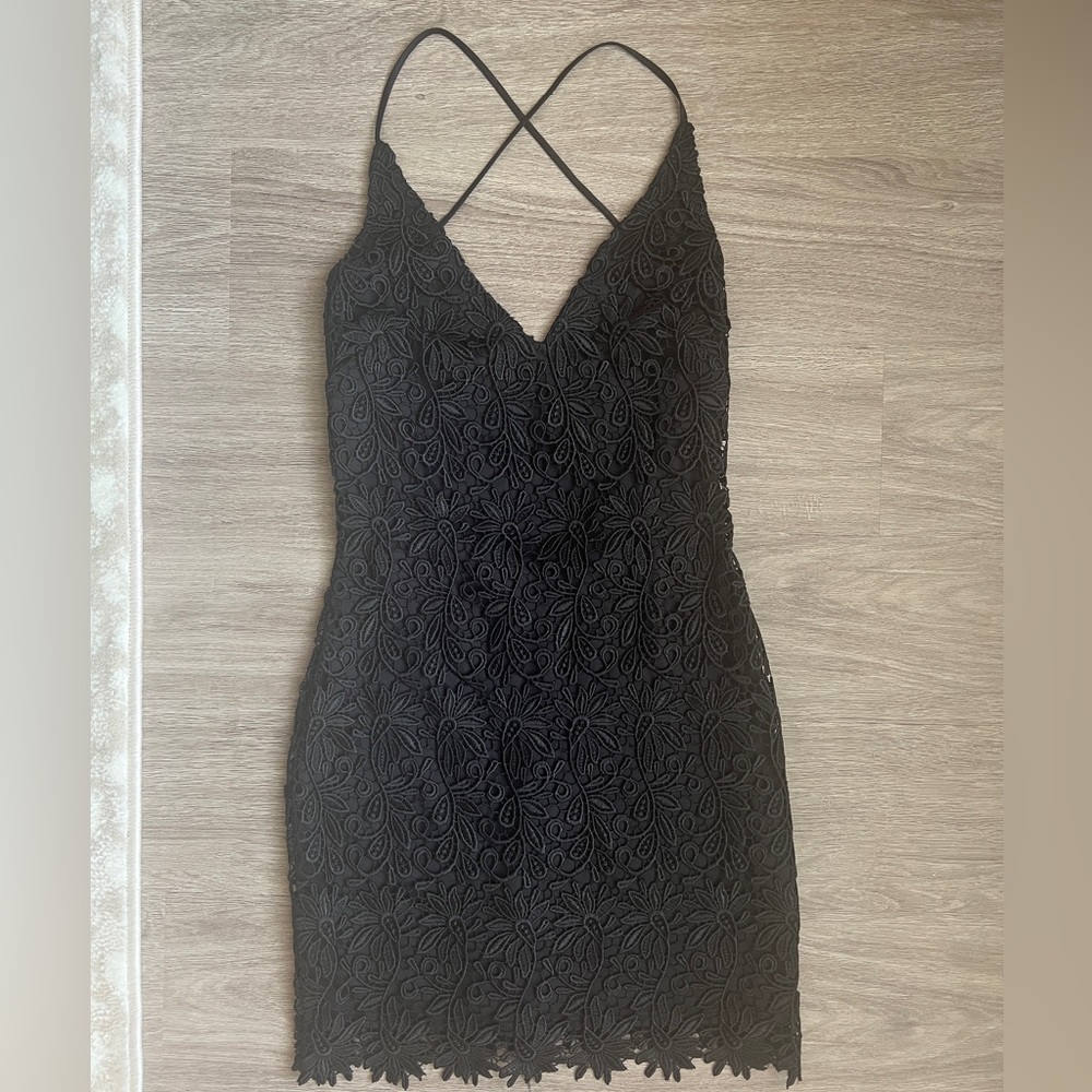 Black Backless Mini Dress with Crotchet Lace Overlay